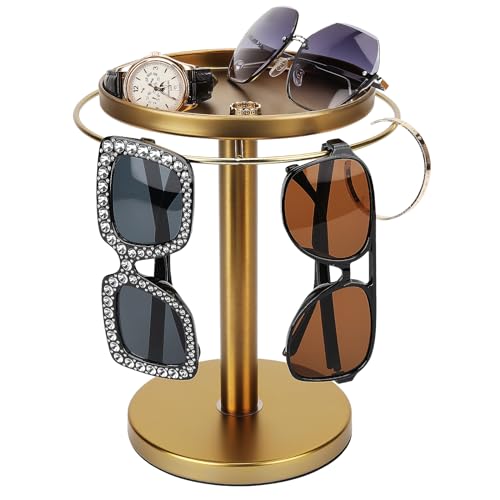 360° Rotating Sunglasses Organizer Stand with Jewelry Tray - Gold