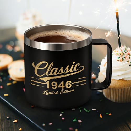 80th Birthday Gifts for Men - Classic 1946 Insulated Coffee Mug with Lid & Straw, 14oz Black