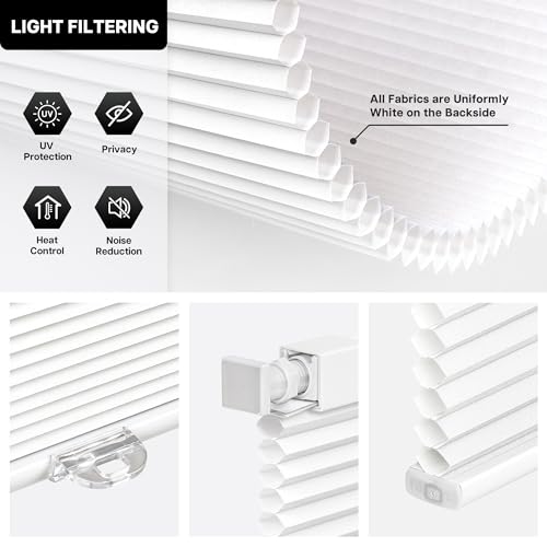 No-Drill Cordless Cellular Shades - 46" W x 48" H White Honeycomb Blinds