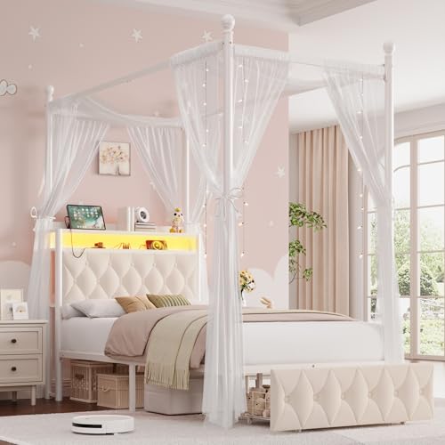Twin Canopy Bed Frame with LED Lights, Storage Headboard & Charging Station