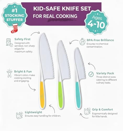 Kids Safe Cooking Knife Set - 3 Piece Toddler Kitchen Tools (Ages 4+)