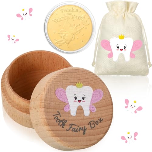 3-Piece Pink Tooth Fairy Kit - Wooden Keepsake Box, Pouch & Gold Coin