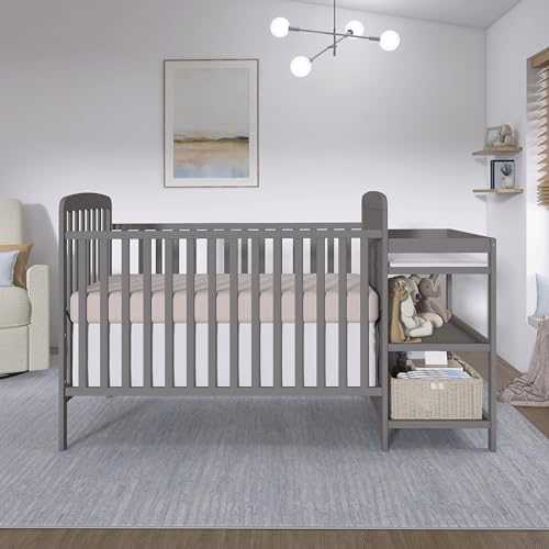 3-in-1 Convertible Baby Crib and Changing Table with Storage, Steel Grey