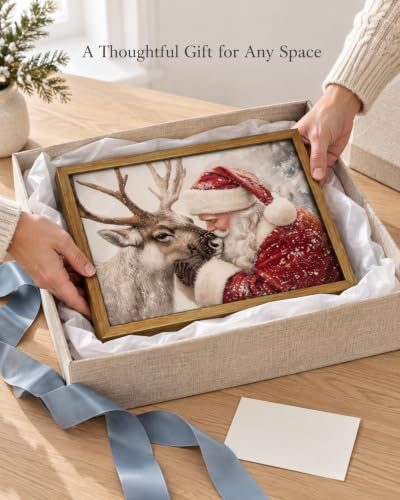 XYHYRA Framed Vintage Christmas Wall Art Santa Reindeer Canvas 16x12