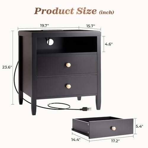 Black Nightstand Set of 2 with Charging Station and 2 Drawers