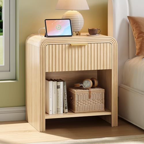Fluted 1-Drawer Nightstand with USB Charging Station - Oak Bedside Table