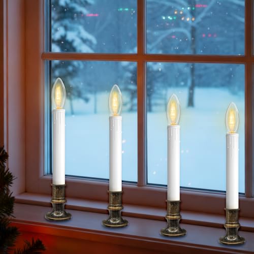 SUNSGNE C26 LED Battery Operated Flameless Window Candles with Auto Timer, 4 Pack, Antique Bronze Base