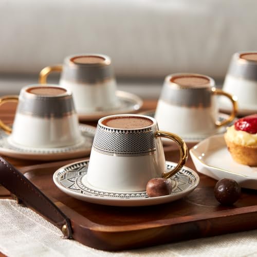 KARACA Globe Turkish Coffee Cup Set of 6 - 80ml Small Espresso Cups with Saucers, Gold Handles, Black Pattern, Porcelain, Ideal for Turkish, Greek & Arabic Coffee