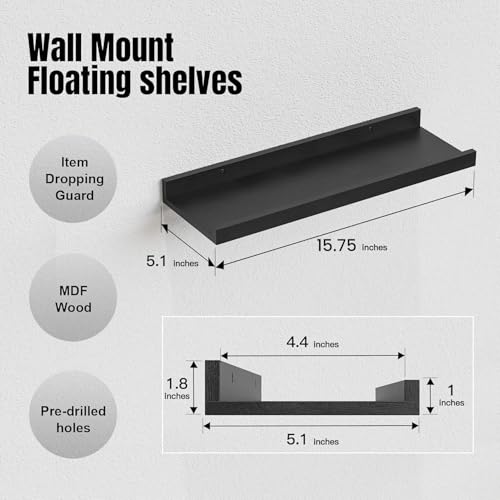 Black Floating Shelves with Lip - Set of 5 16-Inch Wall Mounted Picture Ledge
