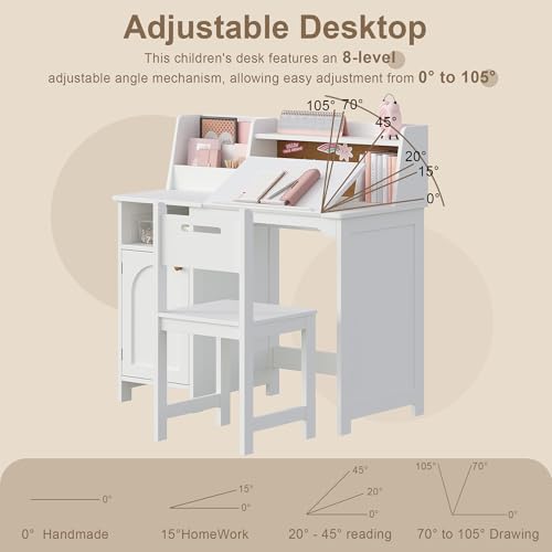 Kids Study Desk and Chair Set with Tiltable Desktop and Storage Hutch
