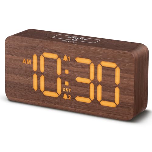 Wooden Digital Alarm Clock - Dimmable Display, Dual Alarms & USB Port