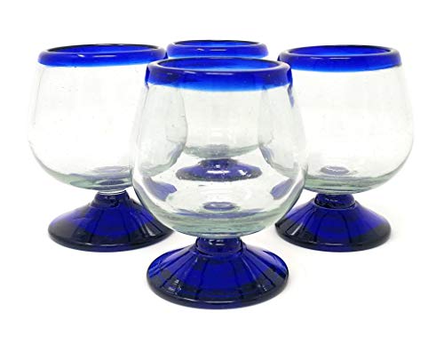 Mexican Hand Blown Cognac Snifter Glasses Set of 4 - Blue Rim, Eco-Friendly, Handmade