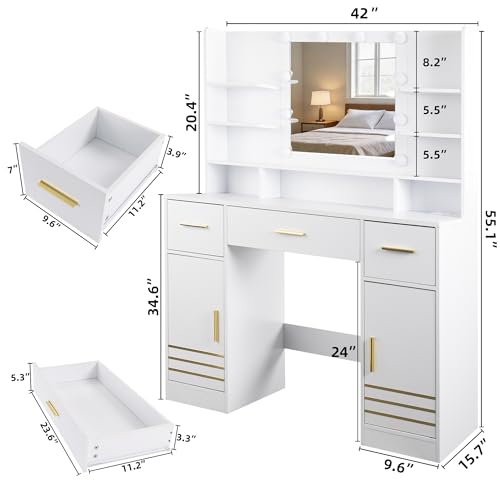 42-Inch Makeup Vanity Desk with LED Lighted Mirror, Power Outlet & Storage