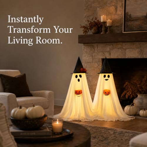Lighted Halloween Ghosts 2-Pack – 2.95ft Standing Light-Up Decor with Witch Hats