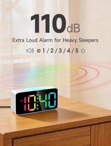 Extra Loud Digital Alarm Clock for Heavy Sleepers with RGB Display & USB Charger