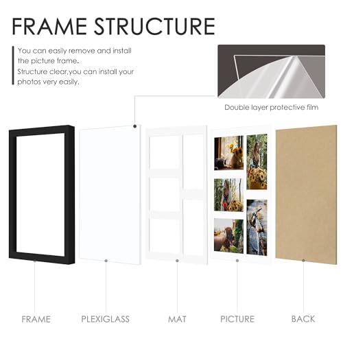 11x14 Collage Picture Frame with Mat - Displays Five 4x6 Photos - Black