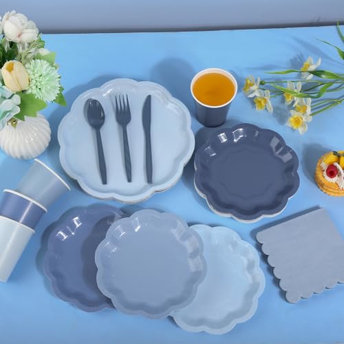 AimFun Dusty Blue Scalloped Plates & Napkins Party Set for 24 Guests (168 pcs)