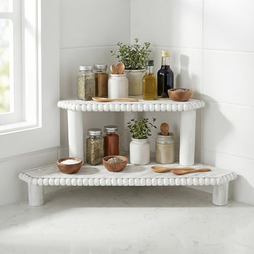 2-Tier Rustic Wood Corner Shelf, Farmhouse Countertop Organizer Riser