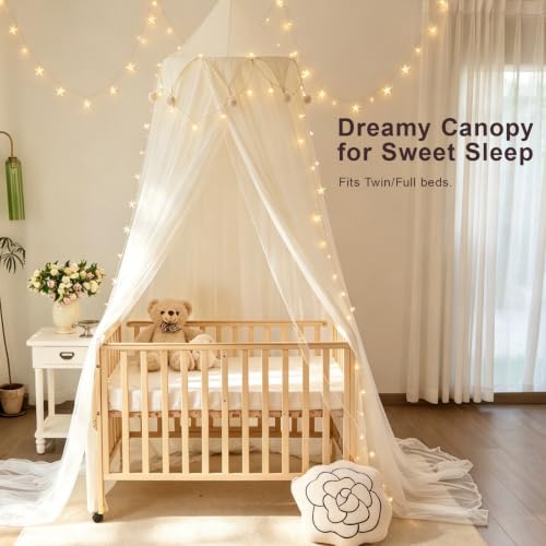 Princess Bed Canopy with Star Lights - Breathable Mesh for Kids Bedroom