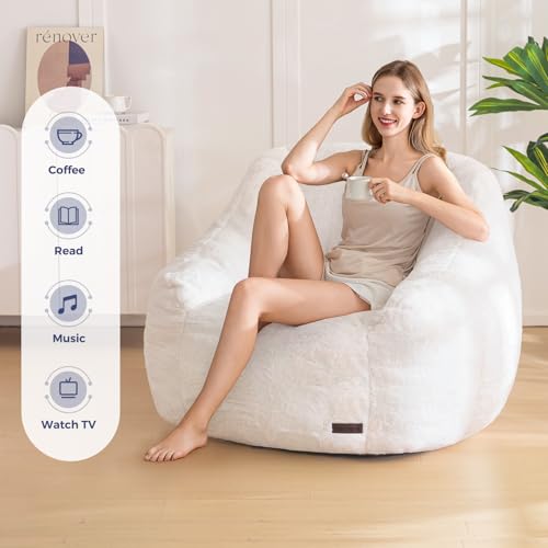 Faux Fur Bean Bag Chair with Back Support - Soft Stuffed Floor Sofa