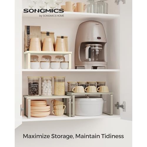 SONGMICS Cabinet Organizer Shelf, Set of 3 Kitchen Counter Shelves, Kitchen Storage, Spice Rack, Stackable, Expandable, Sand Beige UKCS220K01