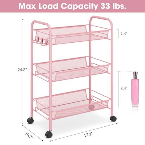 3-Tier Metal Rolling Utility Storage Cart with Wheels & Hooks, Pink