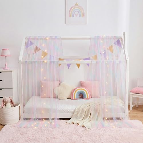 Rainbow Tie-Dye Bed Canopy for Kids with Lights, Sheer Tulle Curtains