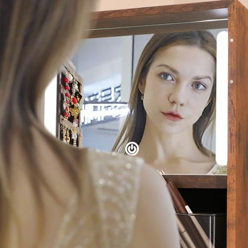 Rustic Brown 4-in-1 Rotating Jewelry Cabinet with Mirror & LED Lights