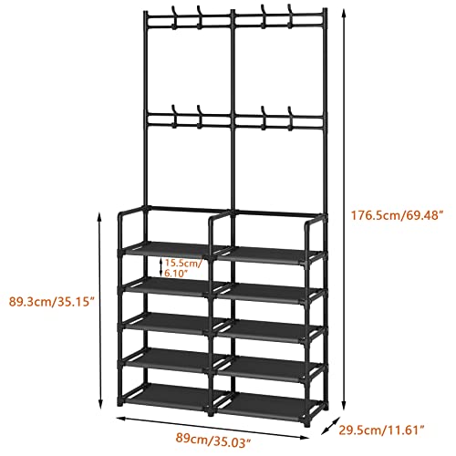 5-Tier Entryway Hall Tree with Shoe Rack and 8 Hooks, Black Storage Organizer