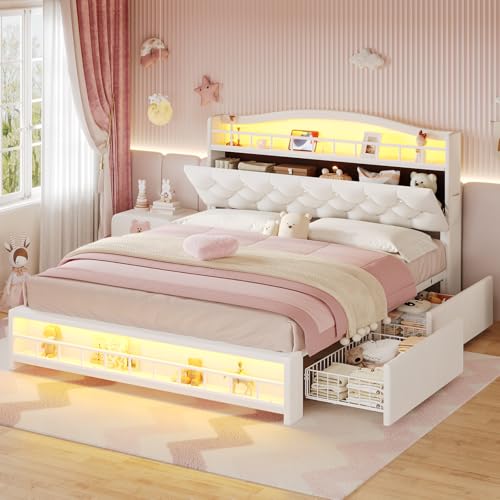 Full Size Bed Frame with Storage Drawers, LED Lights and Charging Station