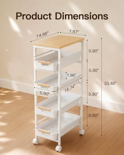 5-Tier Slim Rolling Storage Cart with Wood Top and Pull-Out Baskets