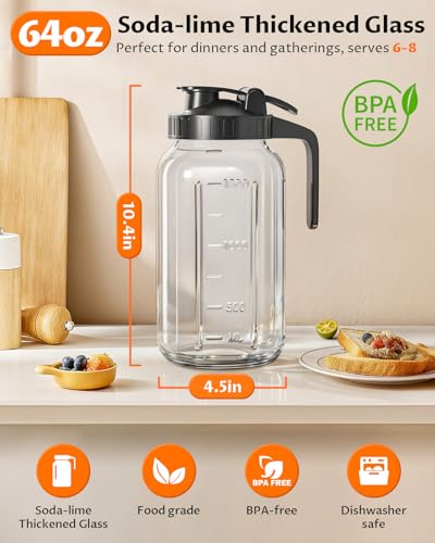64oz Glass Mason Jar Pitcher with Airtight Lid for Cold Brew & Iced Tea