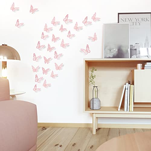 72-Piece 3D Butterfly Wall Stickers - Pink Metallic Paper Decals
