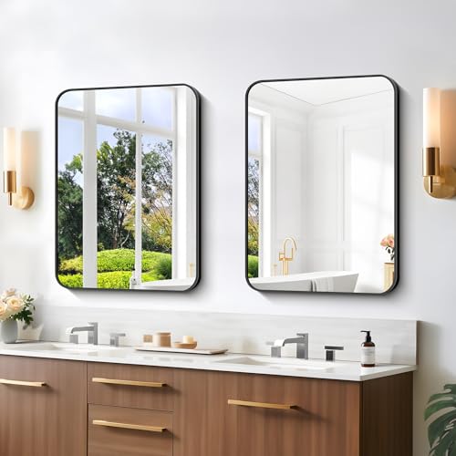 18x24 Inch Black Rectangle Wall Mirror, Shatterproof Metal Framed Vanity Mirror