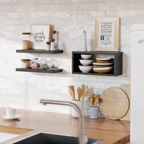 3-Piece Floating Wall Shelf Set, Black Moisture-Resistant Bathroom Storage