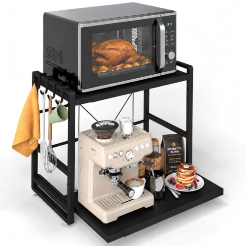 2-Tier Adjustable Microwave Rack, Extendable Kitchen Counter Shelf with Drawer