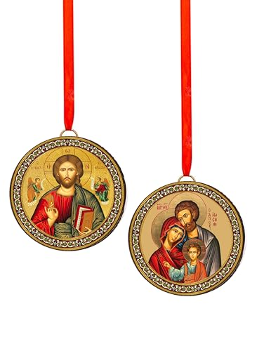 Needzo Holy Family 2-Sided Wooden Christmas Ornament, 2-Inch Orthodox Icon Blessings, Reversible with Red Ribbon