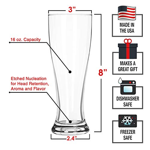 Nucleated Pilsner Beer Glasses - 16 oz Craft Beer Glass Set, 4 Pack
