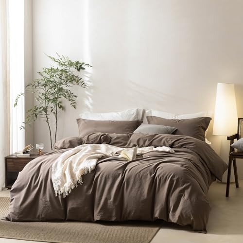 100% Washed Cotton Queen Duvet Cover Set - Light Chocolate Brown, 3 Piece