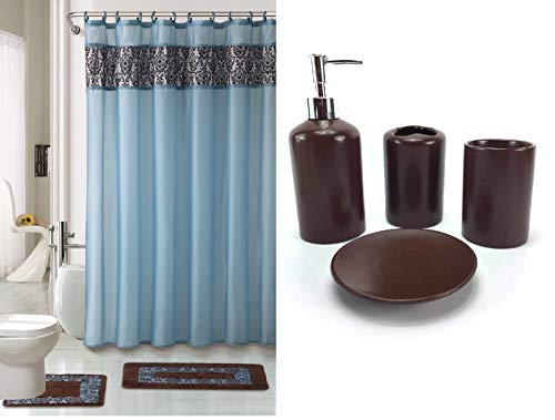 19-Piece Flocking Bathroom Accessory Set with Shower Curtain & Rugs