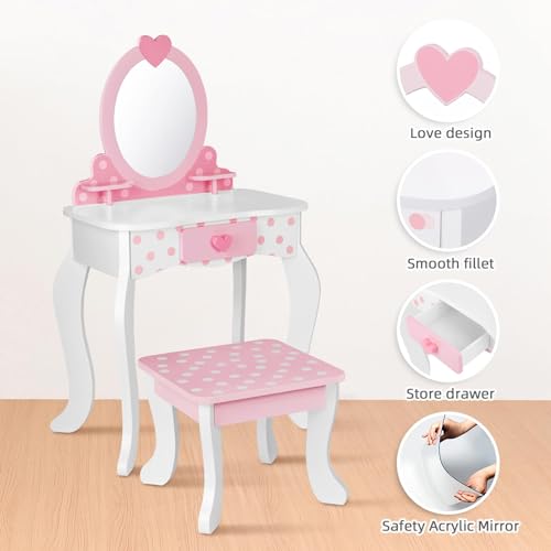 Kids Vanity Set with Mirror, Chair, and 15-Piece Makeup Accessories