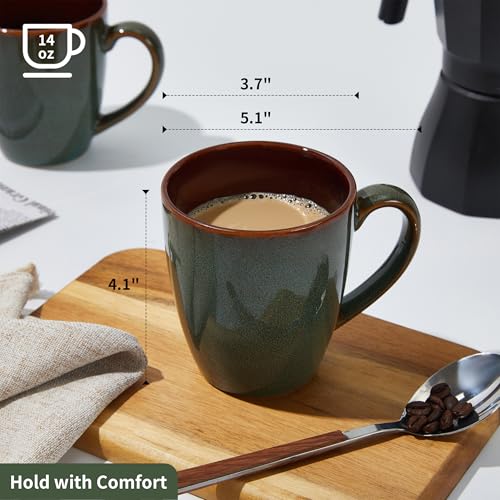 Pokini 14oz Coffee Mug Set of 4 - Artisan Glazed Ceramic Cups for Latte Tea Cappuccino, Brown Green Variation