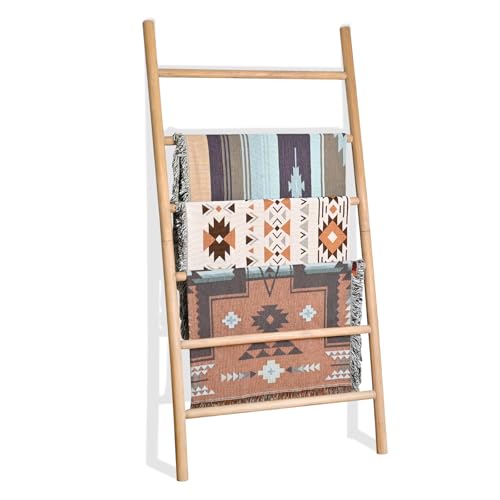 FUIN Rustic Wooden Blanket Ladder - 38in Wide, 6.4ft Tall, Knock Down Design