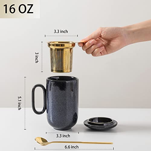 VICRAYS Blue 16 oz Ceramic Tea Mug with Infuser & Lid - Hot Loose Leaf Steeping Cup
