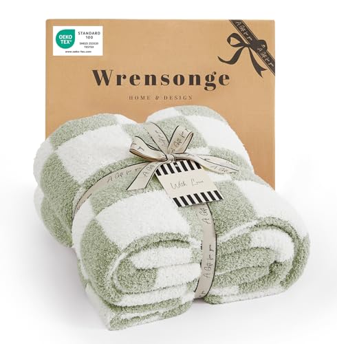 Soft Checkered Throw Blanket - Cozy Sage Green Knitted Couch Blanket (50x70)