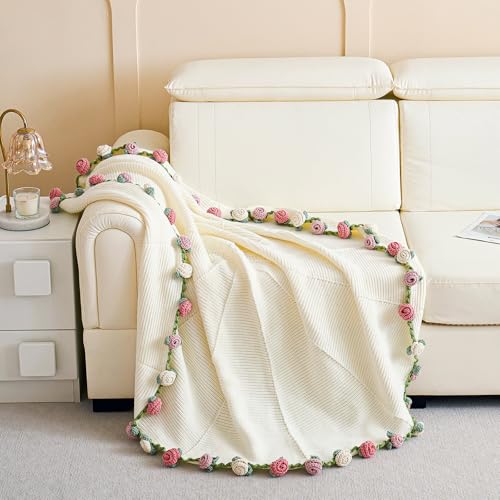 Handmade Crochet Flower Bouquet Throw Blanket - Decorative Rose Knit Throw