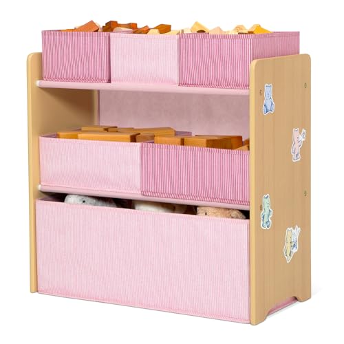 6-Bin Kids Toy Organizer with Reusable Stickers, Blush Pink