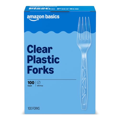 Amazon Basics Clear Plastic Forks, Heavy Duty Disposable Cutlery, 100 Count