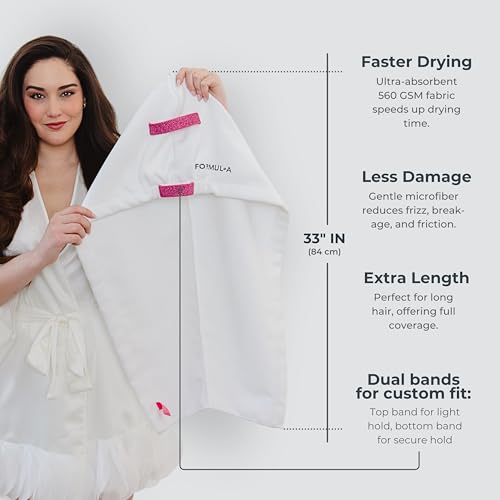 FORMUL-A Microfiber Hair Towel Wrap Anti-Frizz White/Pink Straps - Fast Dry & Gentle