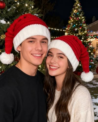 Knit Santa Hat Christmas Beanie for Adults with Gift Box – Red Xmas Party Hat